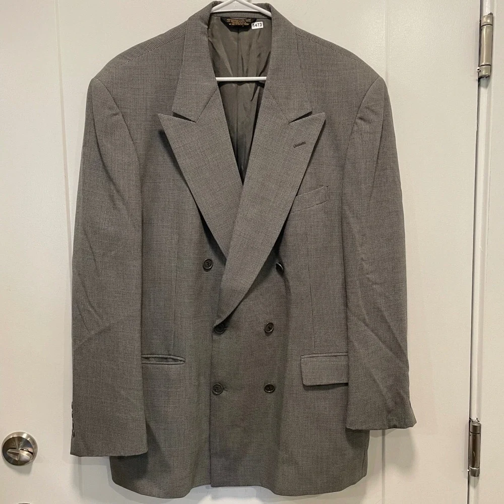 Racquet Club Men Grey Wool Double Breasted Blazer Jacket Peak Lapel 44R USA Made